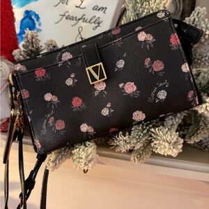 Victoria's Secret Black Floral Wristlet with Gold Accents
